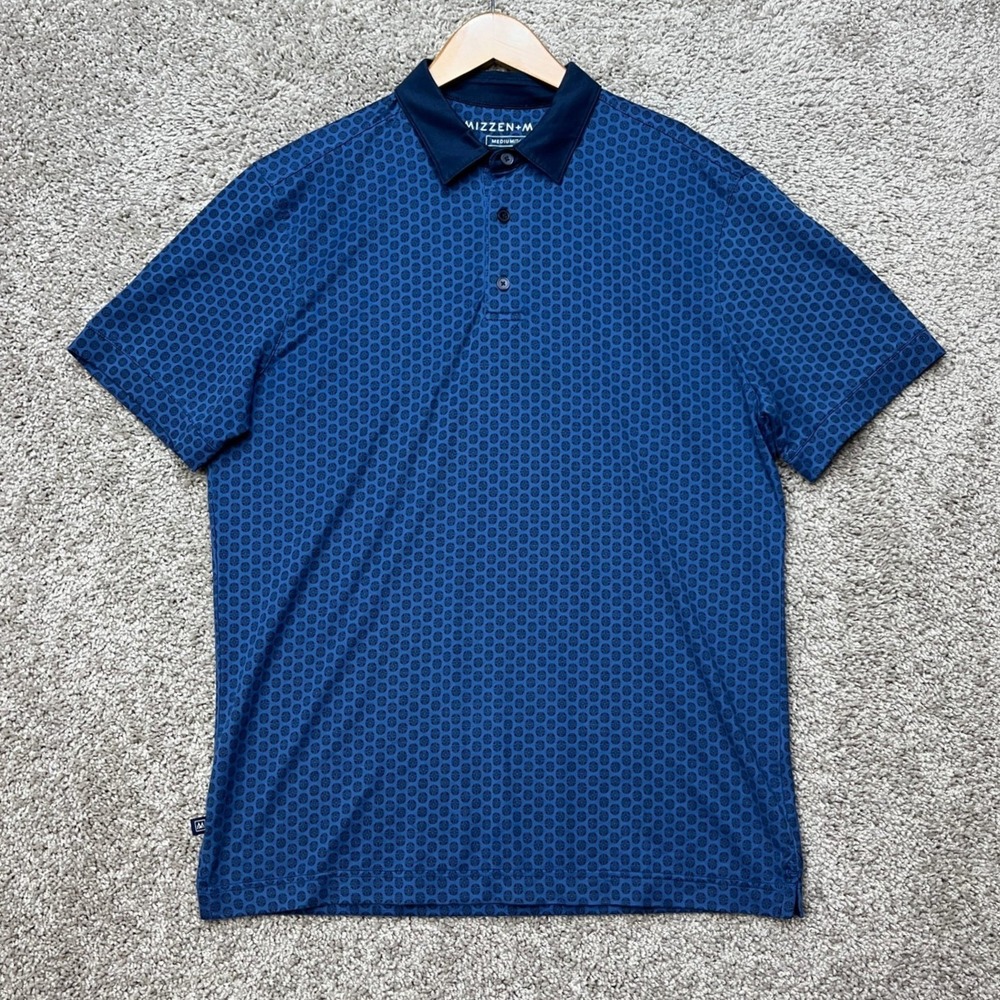 Mizzen + Main Polo Shirt Mens M Blue Short Sleeve Trim Fit Geometric Performance